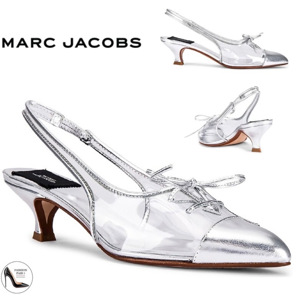 MARC JACOBS Women's Slingback Kitten-Heel Pumps Silver Clear Pointed Toe Shoes - Picture 2 of 16